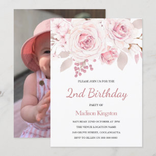 Invitation Filles 1er Anniversaire Fête avec Fleurs Rose Phot