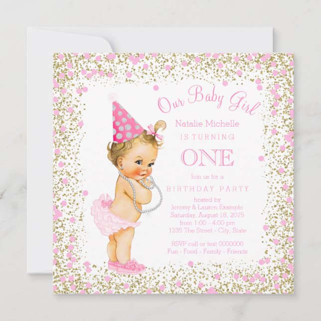 Invitation Filles 1er anniversaire fête Parties scintillant o (Devant)