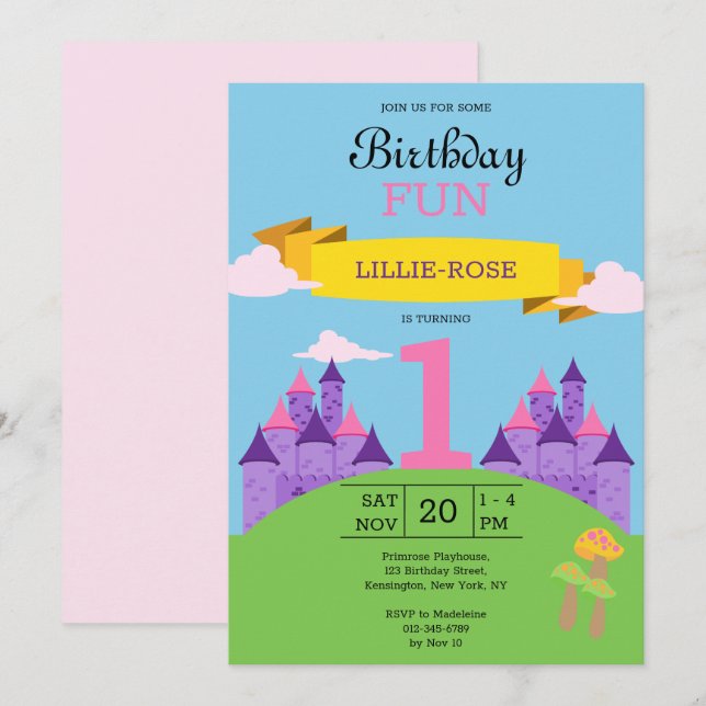 Invitation Filles 1er anniversaire fête rose (Devant / Derrière)