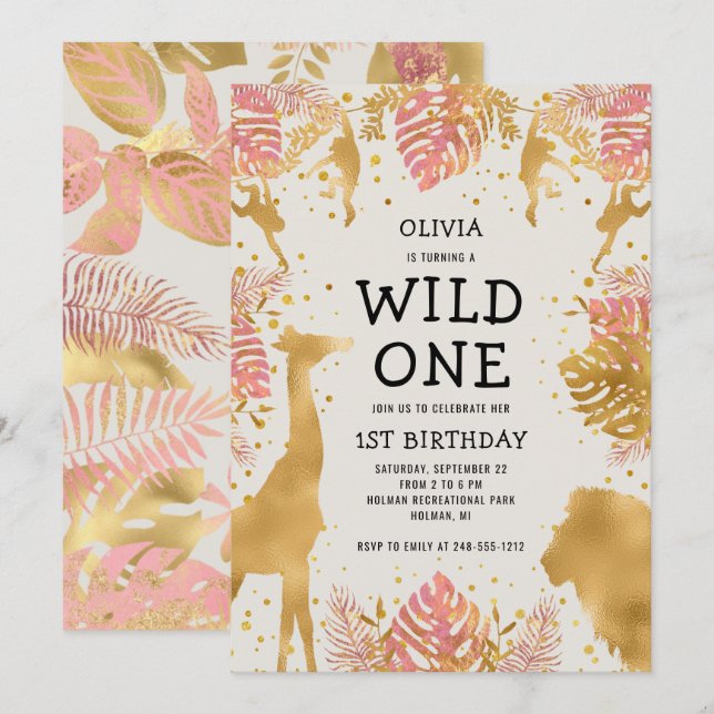 Invitation Filles 1er anniversaire Pink Ecru Safari (Devant / Derrière)