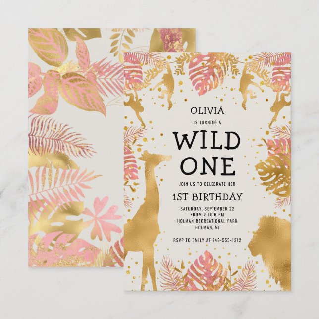 Invitation Filles 1er anniversaire Pink Ecru Safari (Devant / Derrière)