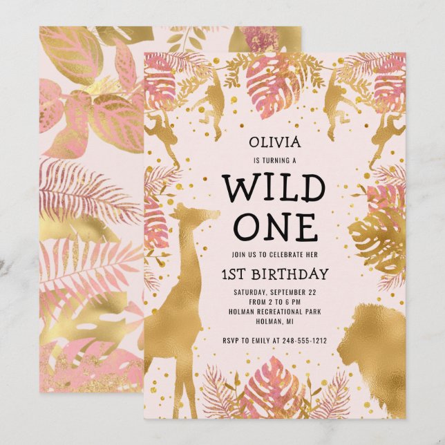 Invitation Filles 1er anniversaire Pink Jungle Safari (Devant / Derrière)