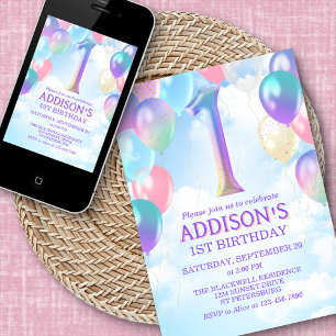 Invitation Filles 1er Anniversaire Rainbow Balloons Invitatio