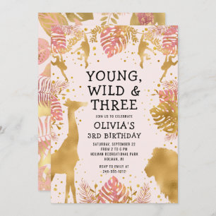 Invitation Filles 3e anniversaire Pastel Pink Gold Safari