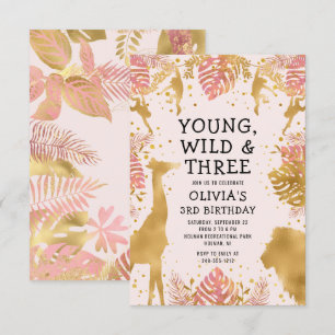 Invitation Filles 3e Anniversaire Pastel Rose Or Safari