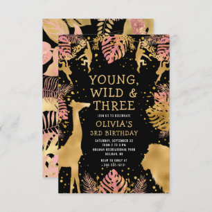Invitation Filles 3e anniversaire Pink Gold Black Safari