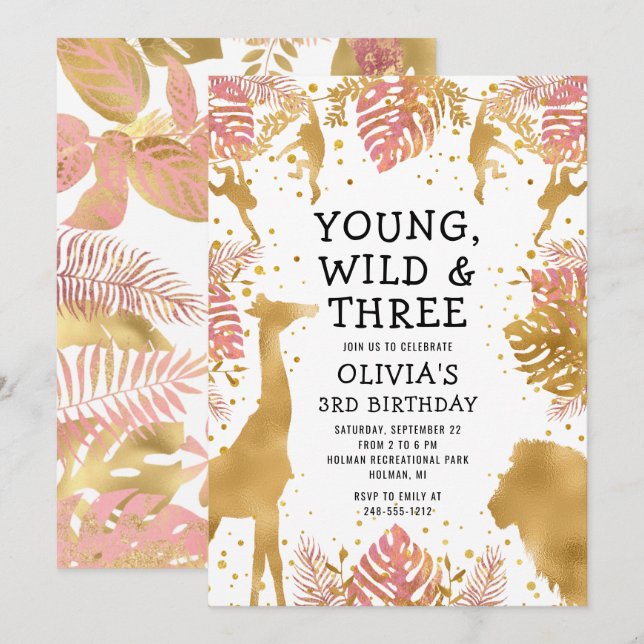 Invitation Filles 3e anniversaire Pink Gold Safari (Devant / Derrière)