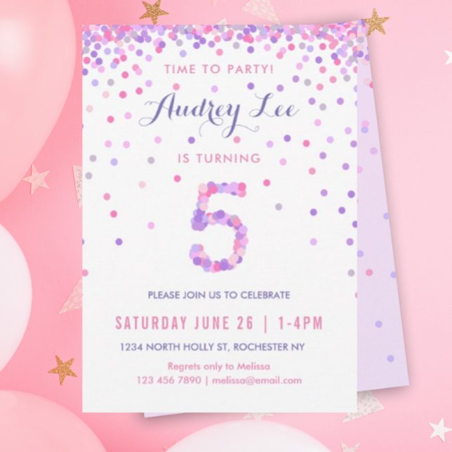 Invitation Filles 5e anniversaire Cinquième anniversaire Conf (Pink and purple confetti for your 5 year old's birthday party!)