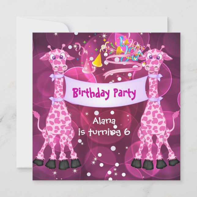 Invitation Filles 6e anniversaire fête Girafe rose Enfants (Devant)