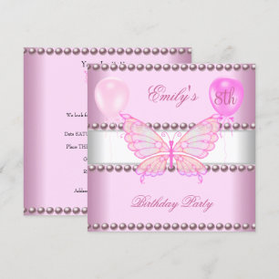 Invitation Filles 8 Anniversaire Papillon Pink Pearls Ballons