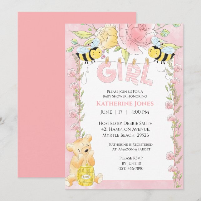 Invitation Filles Abeilles mignonnes et Baby shower d'ours de (Devant / Derrière)