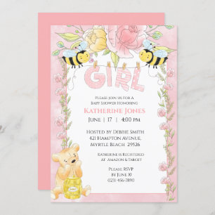 Invitation Filles Abeilles mignonnes et Baby shower d'ours de