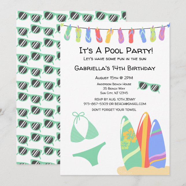Invitation Filles Ado Pool Party Bikini Anniversaire Invitati (Devant / Derrière)