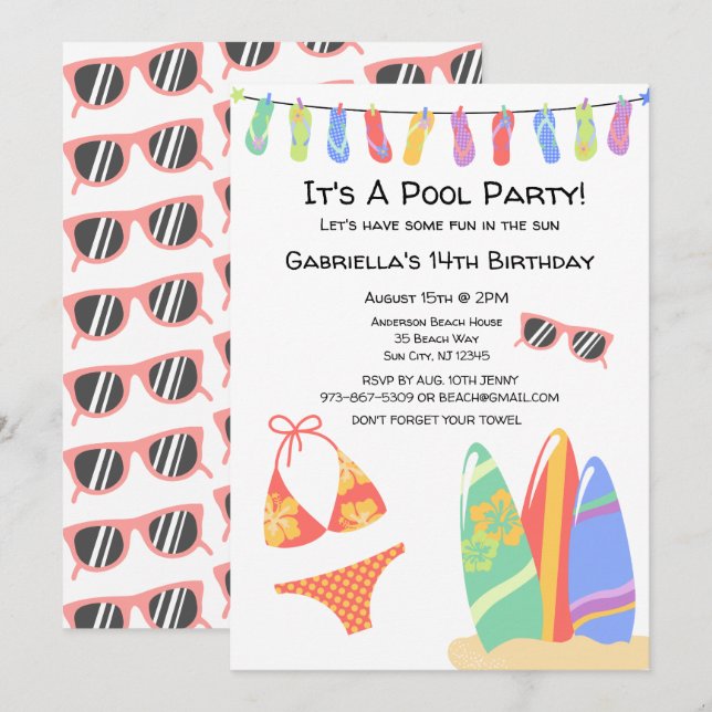 Invitation Filles Ado Pool Party Bikini Anniversaire Invitati (Devant / Derrière)