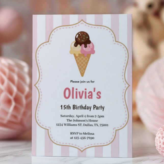 Invitation Filles Ados mignonnes Crème glacée fête d'annivers (Créateur téléchargé)