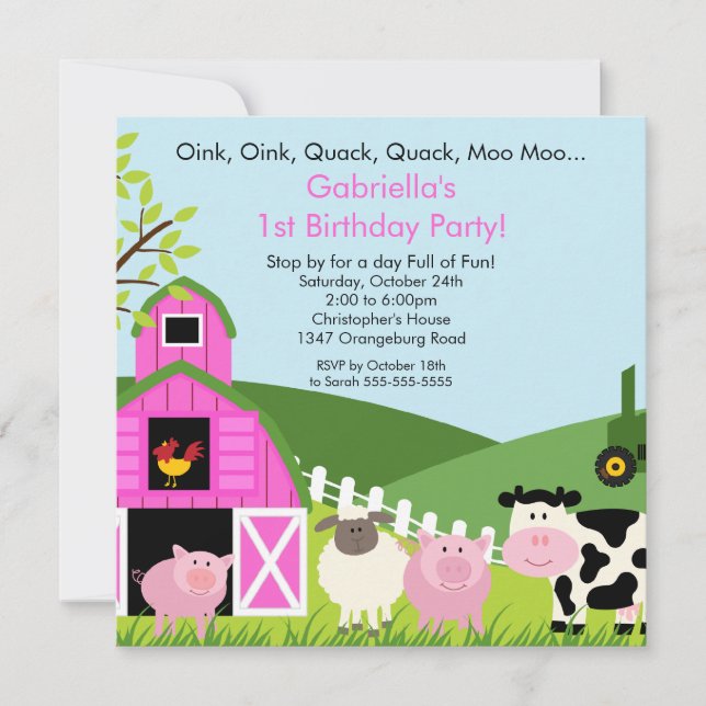 Invitation Filles animales de rose de fête d'anniversaire (Devant)
