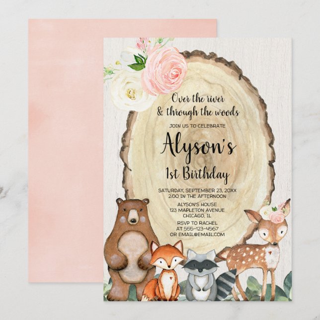 Invitation Filles animaux de bois première fête de 1er annive (Devant / Derrière)