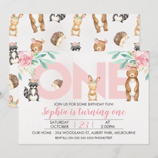 Invitation Filles Animaux de forêt 1er anniversaire Invitatio (Devant / Derrière)