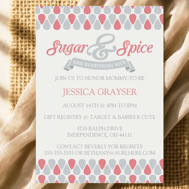 Invitation Filles Baby shower gris rose Sucre et épices (Girls Pink Gray Baby Shower Sugar and Spice Invitation
)