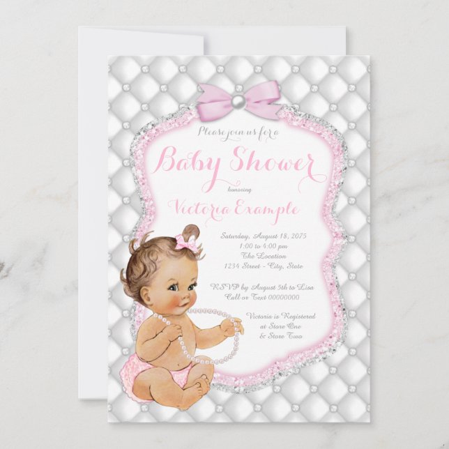 Invitation Filles Baby shower perle rose (Devant)