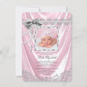 Invitation Filles Baptême Photo Rose et Argent