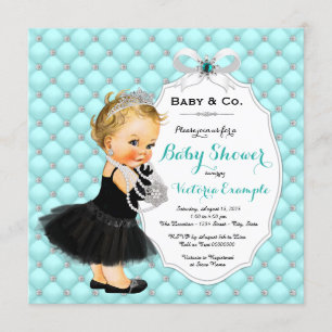 Invitation Filles Bébé & Co Black Turquoise Baby shower bleu