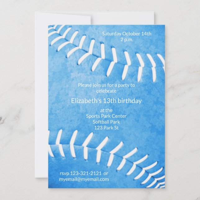 Invitation filles bleu softball anniversaire ou fête d'équipe (Devant)