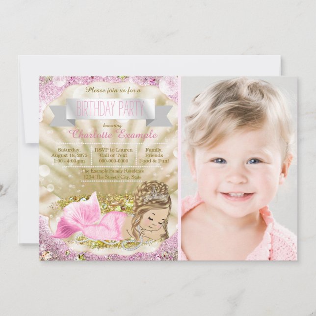 Invitation Filles Blonde Sirène fête d'anniversaire (Devant)