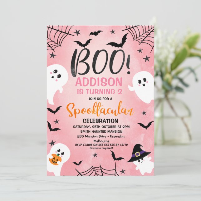 Invitation Filles Boo Rose Fête d'Halloween Anniversaire Invi (Debout devant)