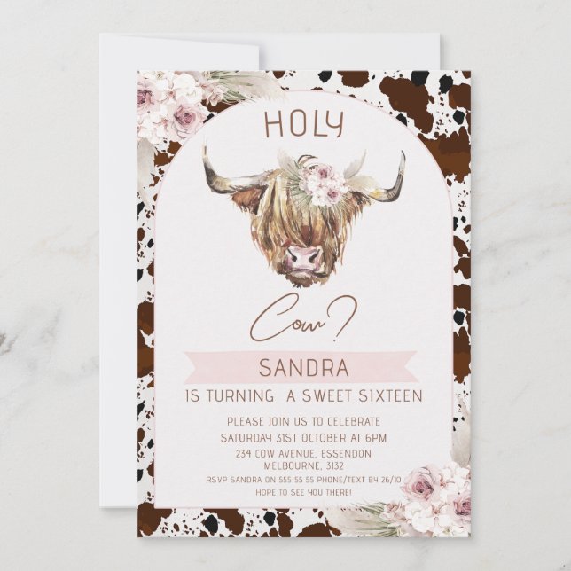 Invitation Filles Brown Highland Cow Imprimer 16e anniversair (Devant)