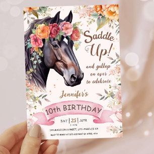 Invitation Filles Cheval 10e anniversaire Cowgirl rose Saddle