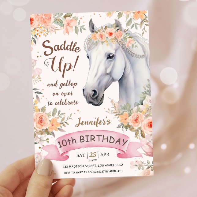 Invitation Filles Cheval 10e anniversaire Pink Floral Saddle  (Créateur téléchargé)