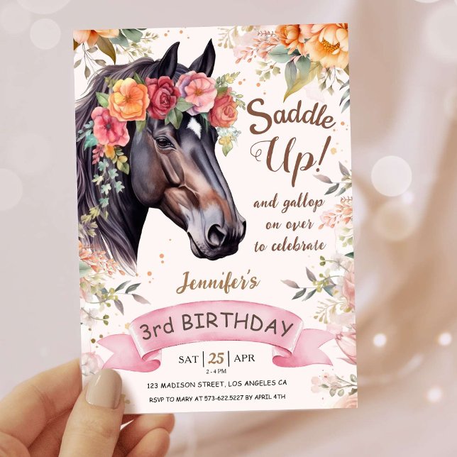 Invitation Filles Cheval 3e anniversaire Pink Cowgirl Saddup (Créateur téléchargé)