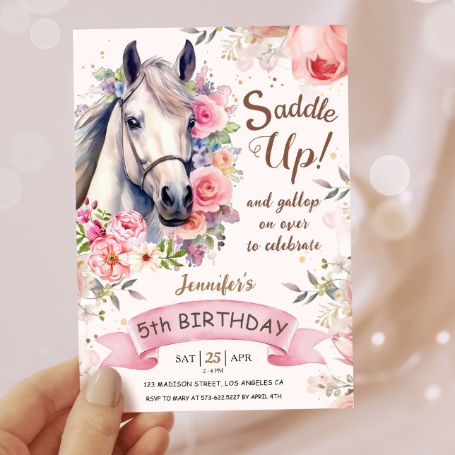 Invitation Filles Cheval 5e anniversaire Fleurs en fleurs Sad (Créateur téléchargé)