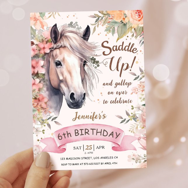 Invitation Filles Cheval 6e anniversaire Floral Selle Up (Créateur téléchargé)