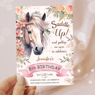 Invitation Filles Cheval 8e anniversaire Floral Selle up