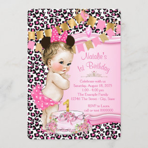 Invitation Filles Chic Rose Léopard 1er Anniversaire