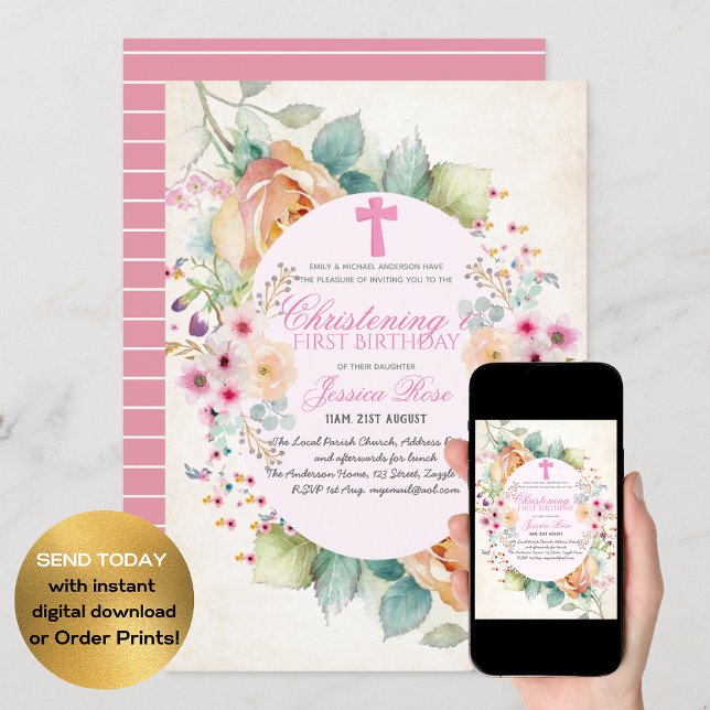 Invitation Filles CHRISTENING et 1er anniversaire Fille Flora (Créateur téléchargé)