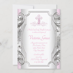 Invitation Filles Croix Argent Rose Baptême Fille