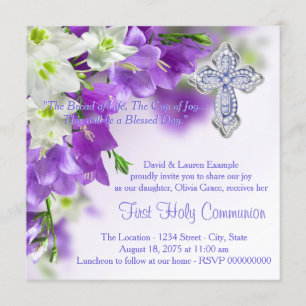 Invitation Filles Croix Florale Violette Première Communion