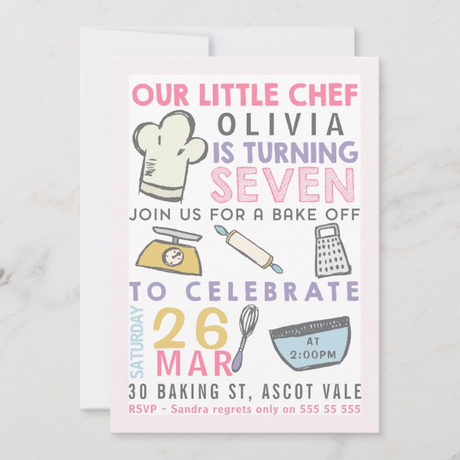 Invitation Filles Cuisine de cuisson 7e anniversaire Invitati (Devant)