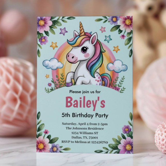 Invitation Filles Cute Blue Unicorn Anniversaire de enfant (Créateur téléchargé)