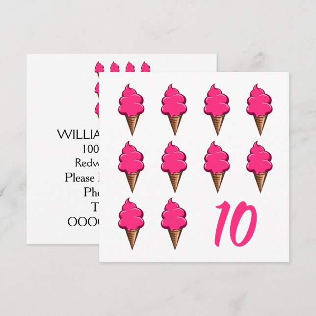Invitation Filles de 10 ans Anniversaire Crèmes glacées roses (Devant / Derrière)