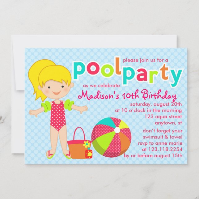 Invitation Filles de la fête de la piscine de Cute Modern Bir (Devant)