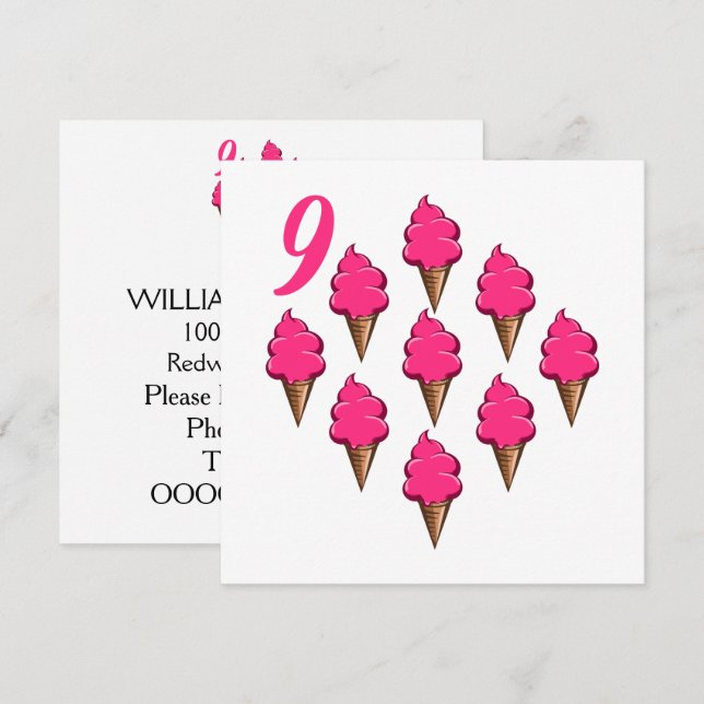 Invitation Filles de neuf ans Anniversaire Crèmes glacées ros (Devant / Derrière)