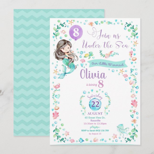 Invitation Filles de partie de sirène d'invitations (Devant / Derrière)