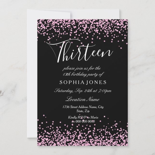 Invitation Filles de Parties scintillant rose noire 13e fête  (Devant)