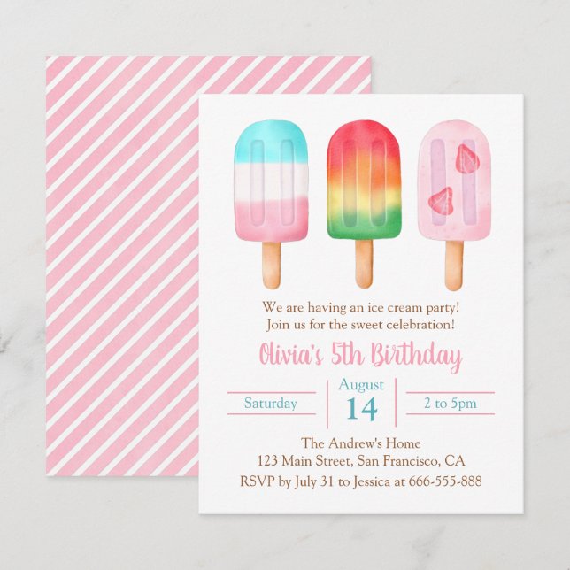 Invitation Filles d'été Anniversaire, Sweet Ice Cream Party (Devant / Derrière)