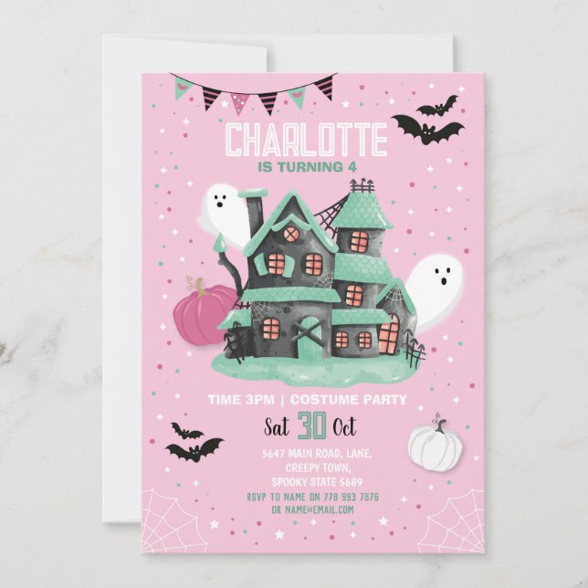 Invitation Filles d'Halloween rose Fun House Fantômes (Devant)