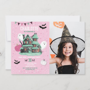 Invitation Filles d'Halloween rose Fun House Fantômes de fête